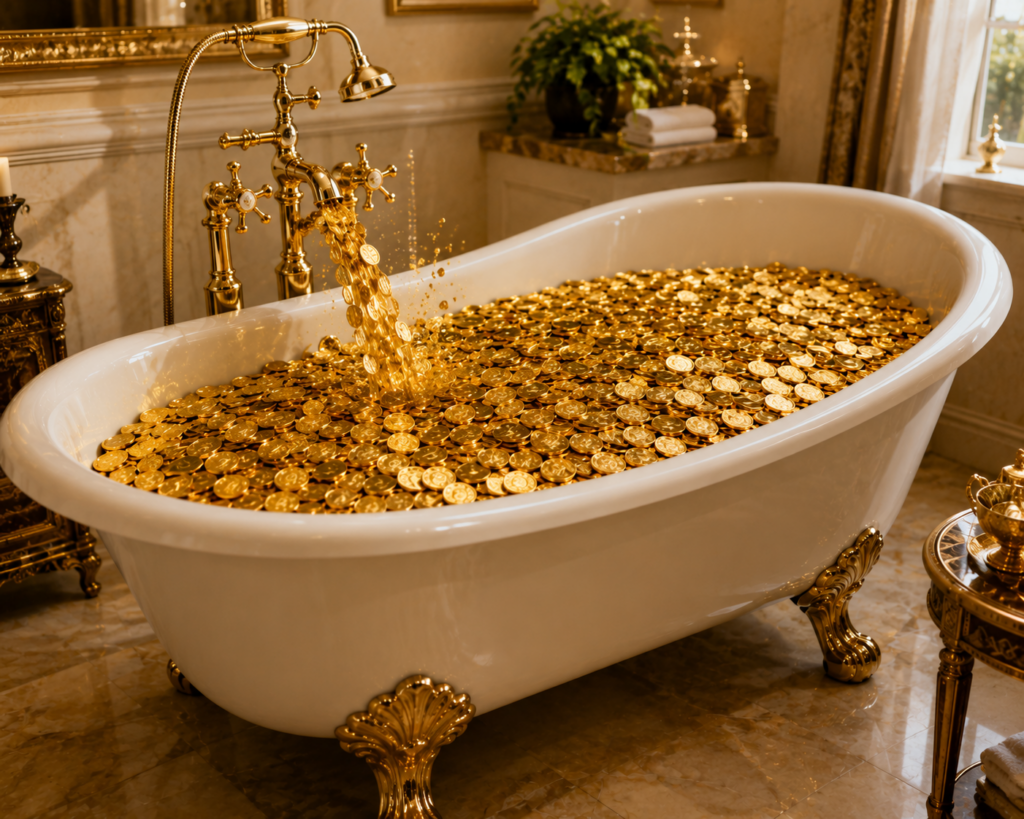 An elegant clawfoot bathtub filling with gold coins from an ornate faucet, illustrating the fictional wealth-producing plumbing featured in the satirical Shamrock Syndrome™ article.