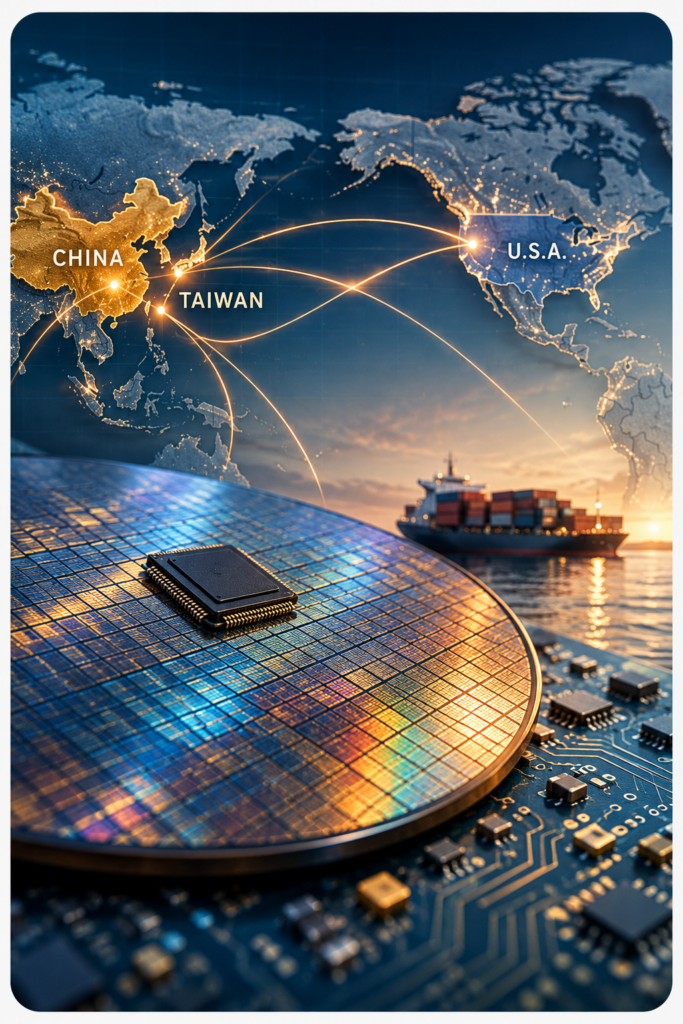 Conceptual illustration of a semiconductor wafer with glowing trade routes connecting China, Taiwan, and the United States, representing the global semiconductor supply chain and its impact on financial markets.