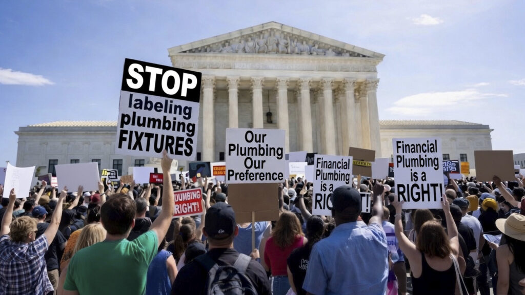 Satirical protest outside the U.S. Supreme Court with demonstrators carrying signs about plumbing fixtures and financial rights for the "Shamrock Syndrome" feature.