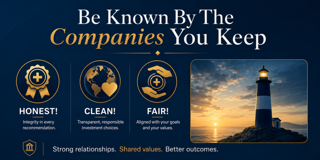Modern illustration of honest, transparent, and fair investment relationships featuring integrity icons and a lighthouse representing trusted financial guidance.