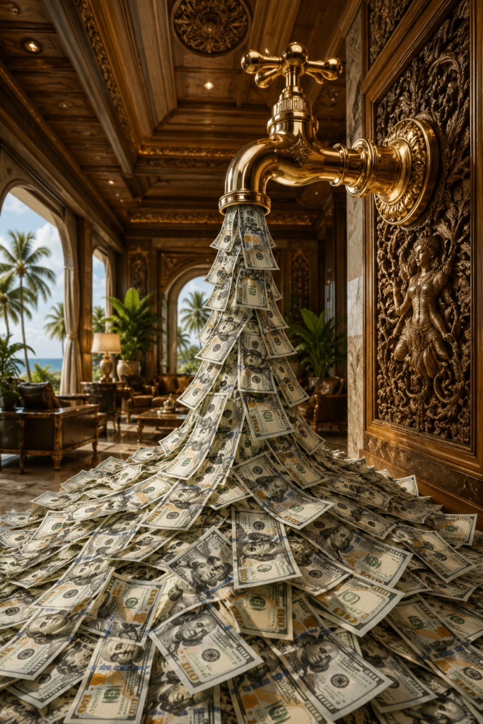 An ornate gold faucet pouring one-hundred-dollar bills into a growing pile of cash, illustrating the fictional wealth-producing plumbing featured in the satirical Shamrock Syndrome™ article.