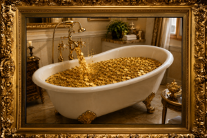 An elegant clawfoot bathtub filling with gold coins from an ornate faucet, illustrating the fictional wealth-producing plumbing featured in the satirical Shamrock Syndrome™ article.