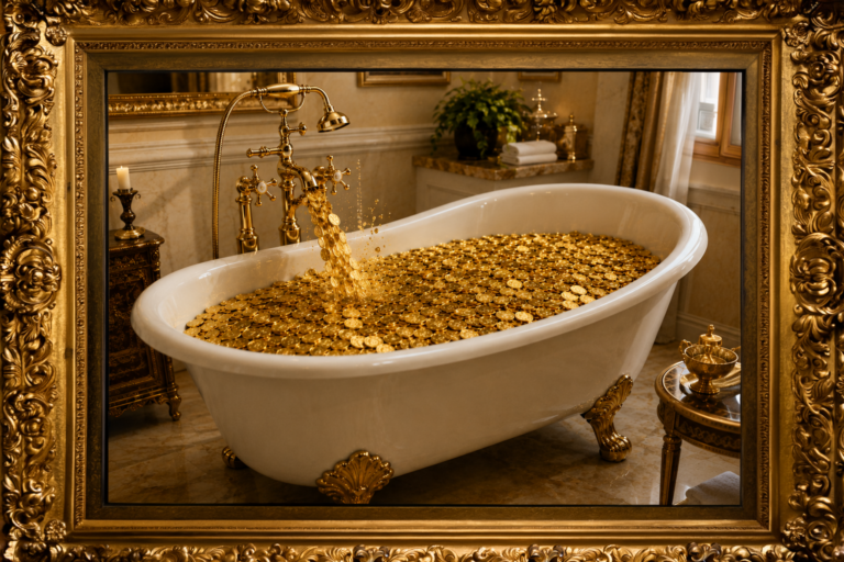 An elegant clawfoot bathtub filling with gold coins from an ornate faucet, illustrating the fictional wealth-producing plumbing featured in the satirical Shamrock Syndrome™ article.