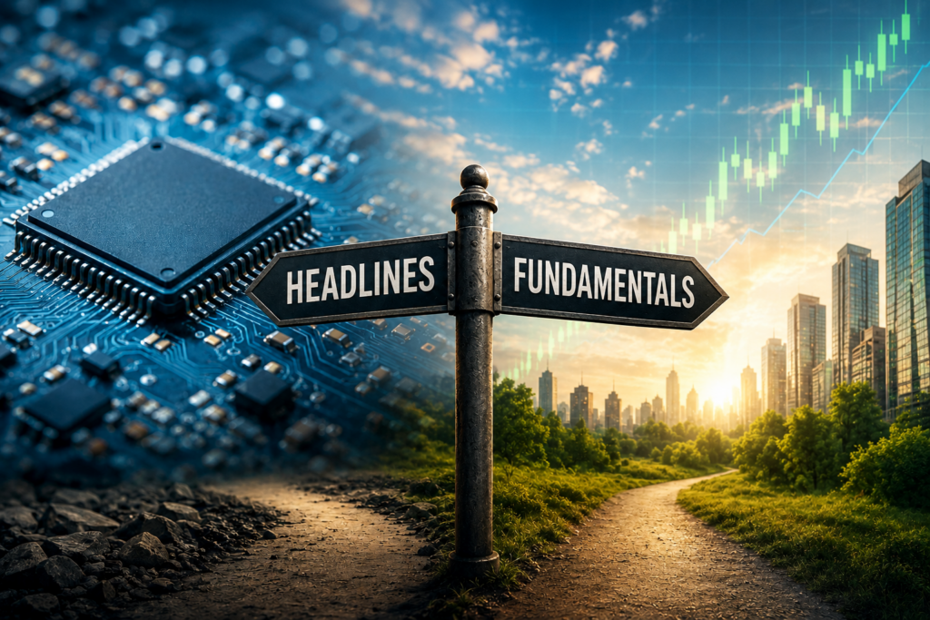 Conceptual illustration of a crossroads sign pointing toward "Headlines" and "Fundamentals," with a semiconductor chip, falling stock chart, and a sunlit technology skyline representing the contrast between short-term market reactions and long-term business fundamentals.