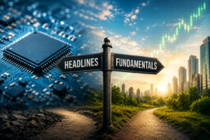 Conceptual illustration of a crossroads sign pointing toward "Headlines" and "Fundamentals," with a semiconductor chip, falling stock chart, and a sunlit technology skyline representing the contrast between short-term market reactions and long-term business fundamentals.