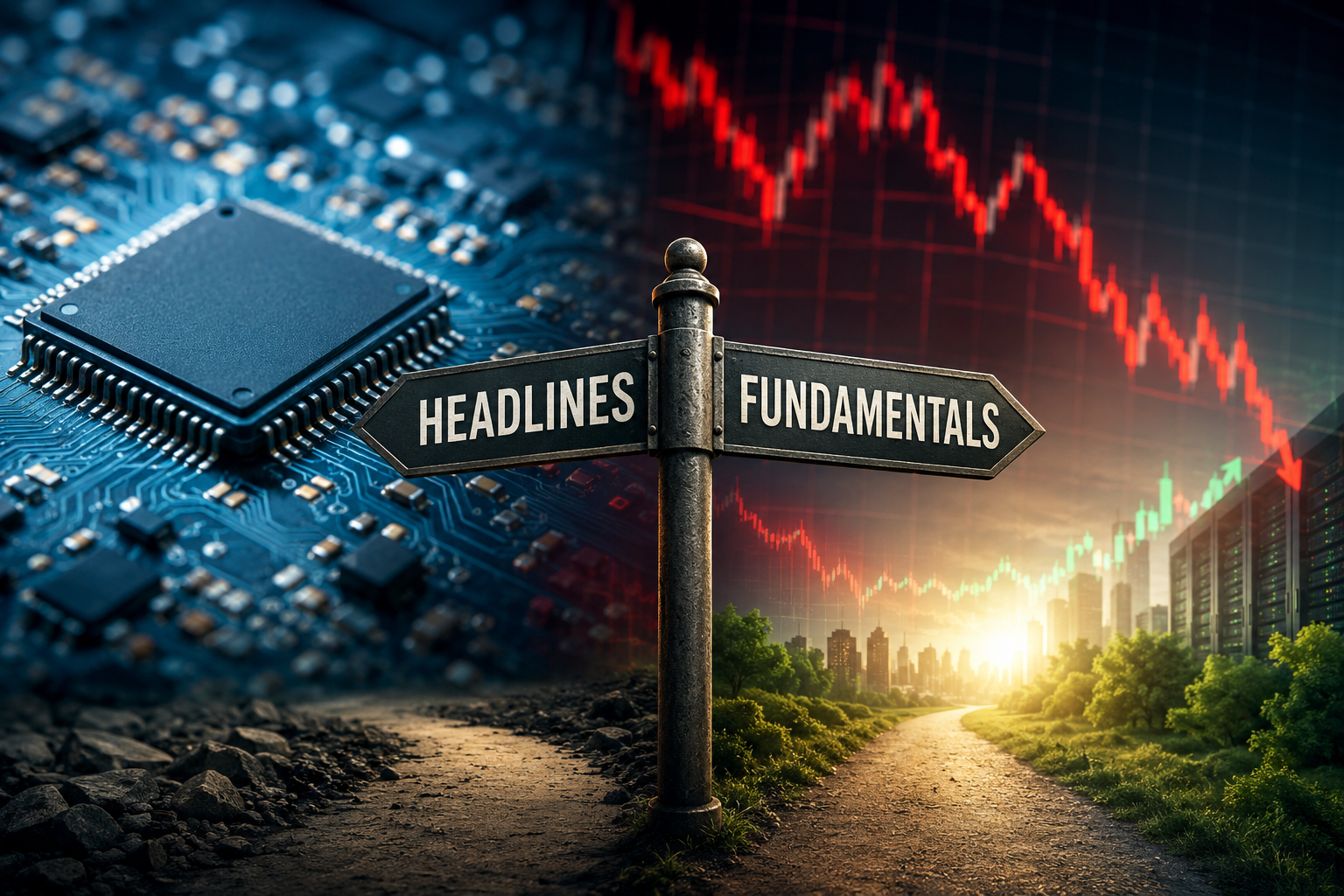 Conceptual illustration of a crossroads sign pointing toward "Headlines" and "Fundamentals," with a semiconductor chip, falling stock chart, and a sunlit technology skyline representing the contrast between short-term market reactions and long-term business fundamentals.