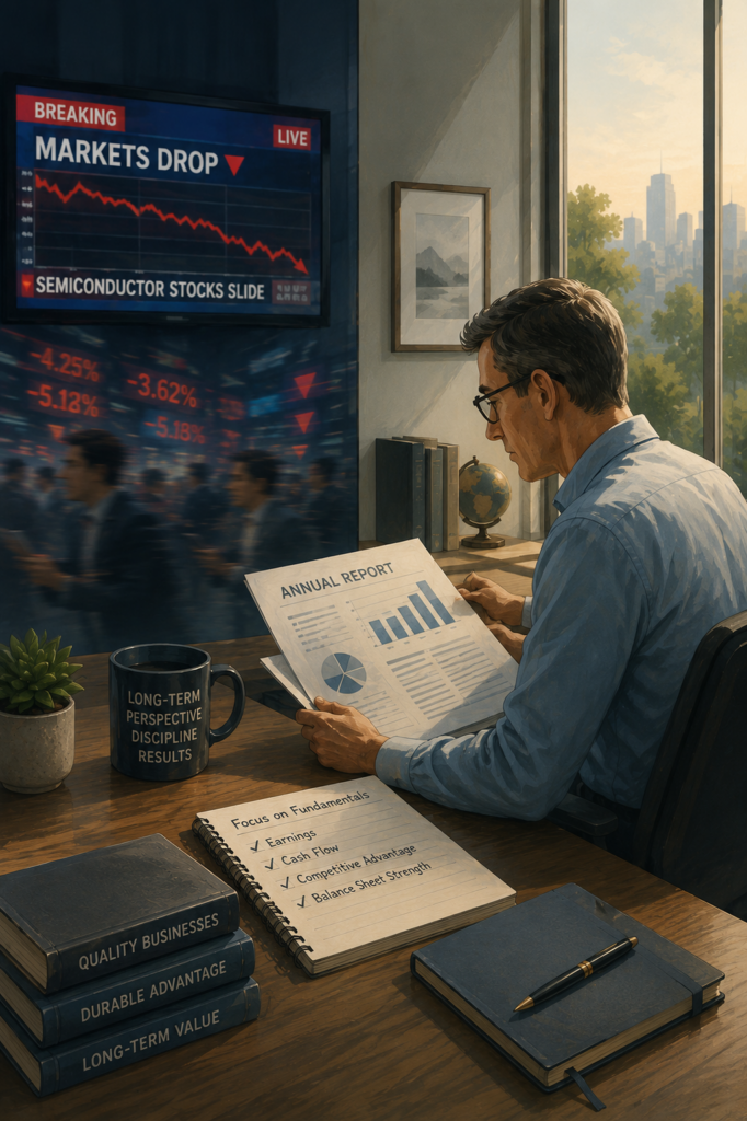 Illustration of an investor studying an annual report while market news fades into the background, representing a disciplined focus on long-term business fundamentals over short-term market volatility.