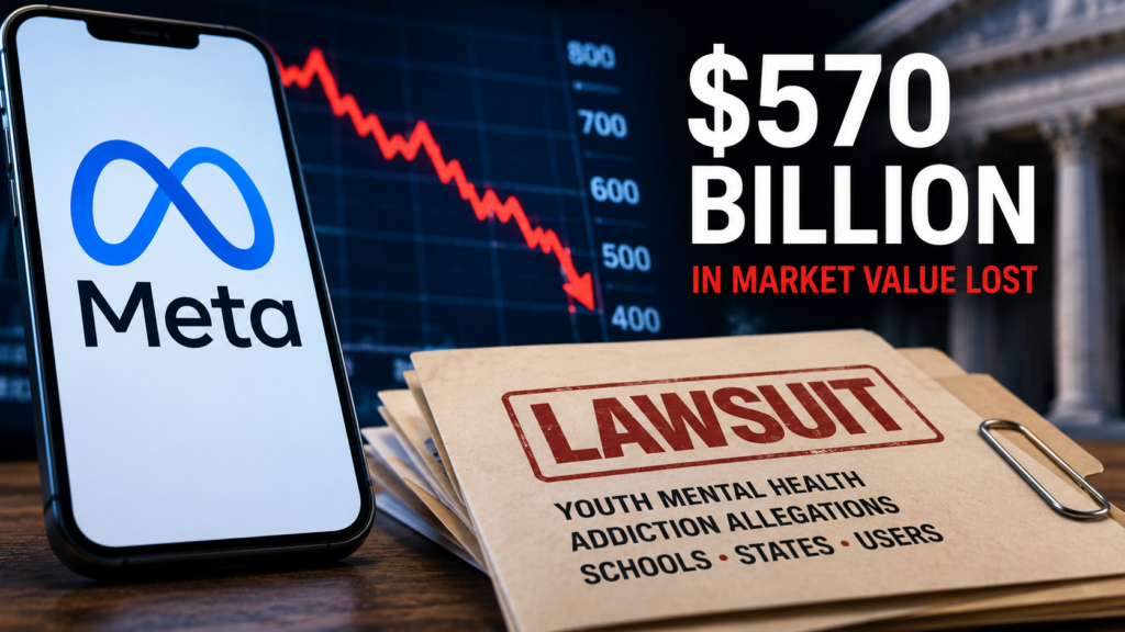 Graphic showing Meta Platforms facing declining market value, lawsuits, and increasing regulatory pressure.