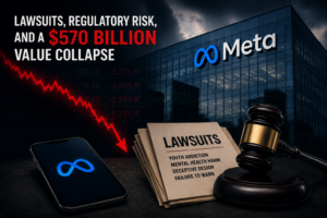 Graphic showing Meta Platforms facing declining market value, lawsuits, and increasing regulatory pressure.