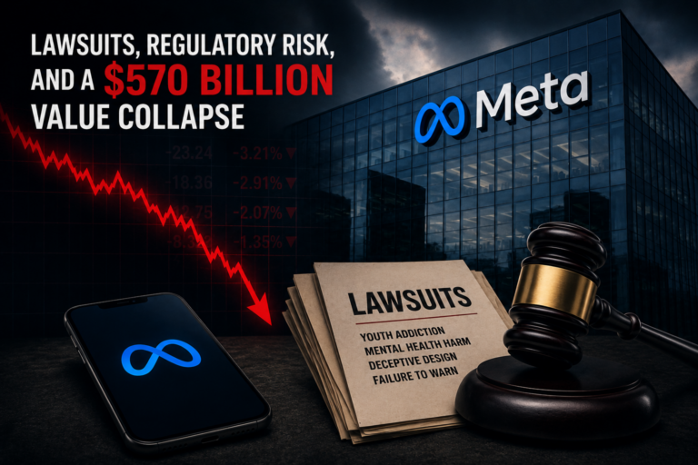 Graphic showing Meta Platforms facing declining market value, lawsuits, and increasing regulatory pressure.