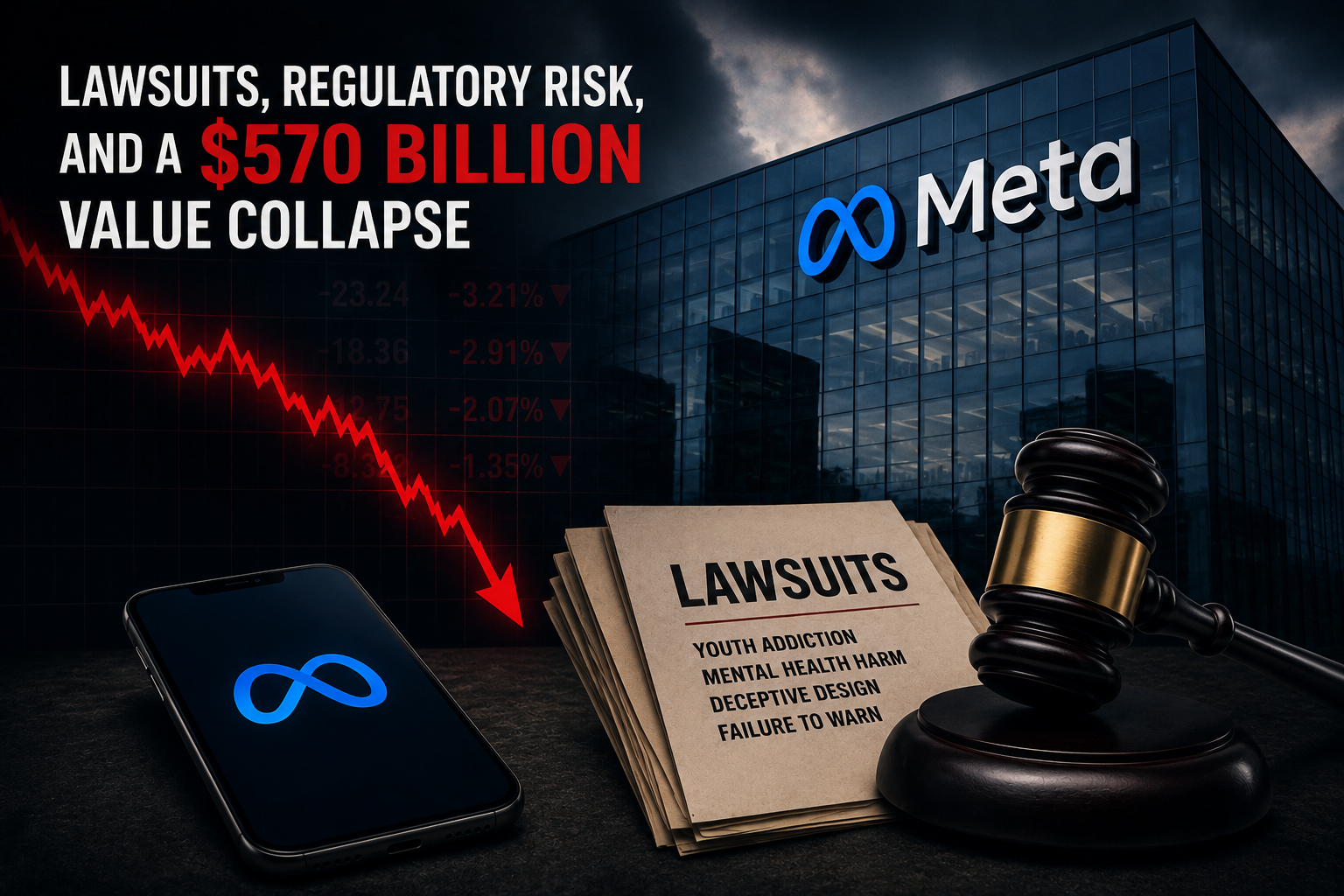 Graphic showing Meta Platforms facing declining market value, lawsuits, and increasing regulatory pressure.