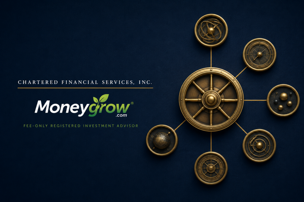 MoneyGrow® branding beside an interconnected brass hub representing the coordination provided through family office services.