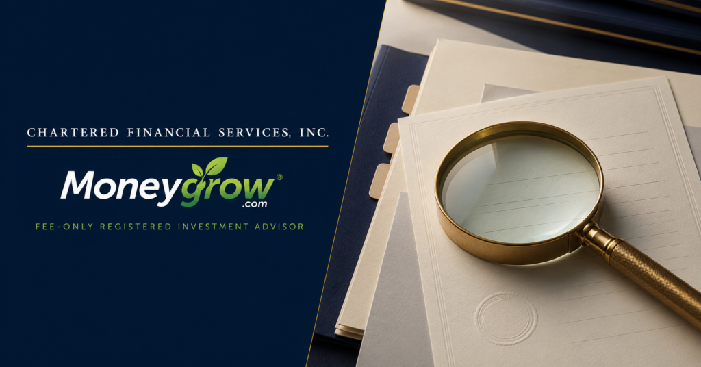 MoneyGrow and Chartered Financial Services branding beside a magnifying glass examining professional documents, representing scrutiny of financial planner credentials and business practices.