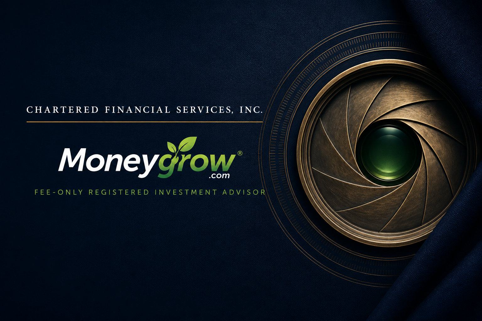 MoneyGrow® branding beside a precision brass aperture focused on a green center, representing personalized private client services.