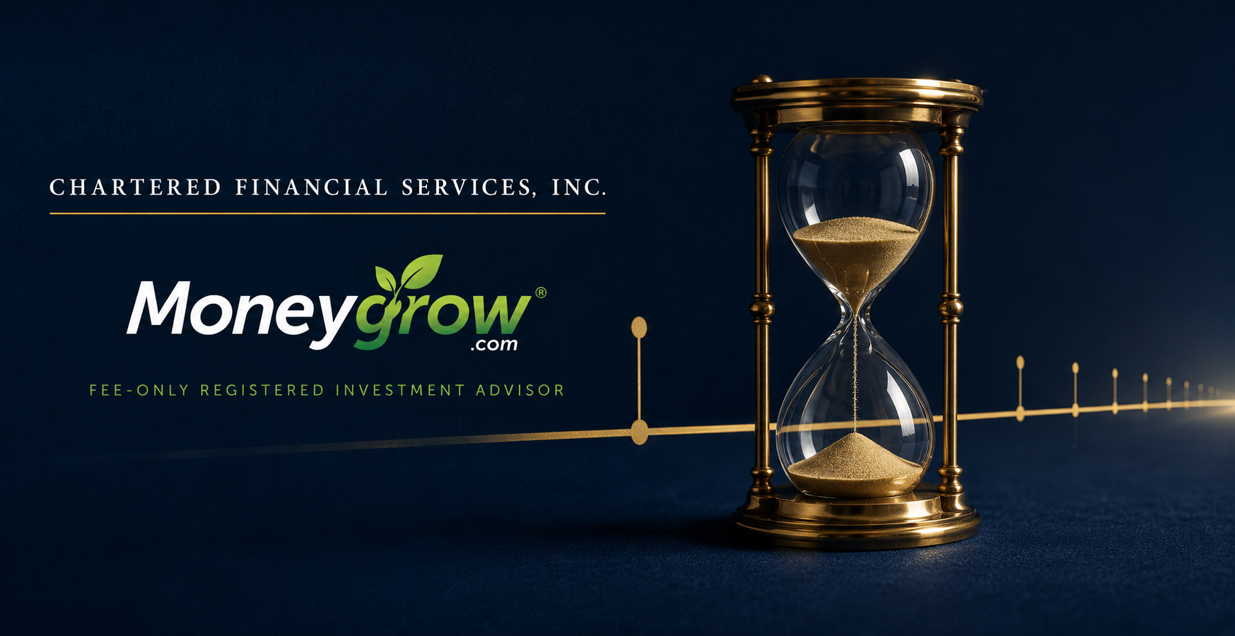 MoneyGrow® branding beside a brass hourglass and measured timeline representing retirement income and investment guidance.