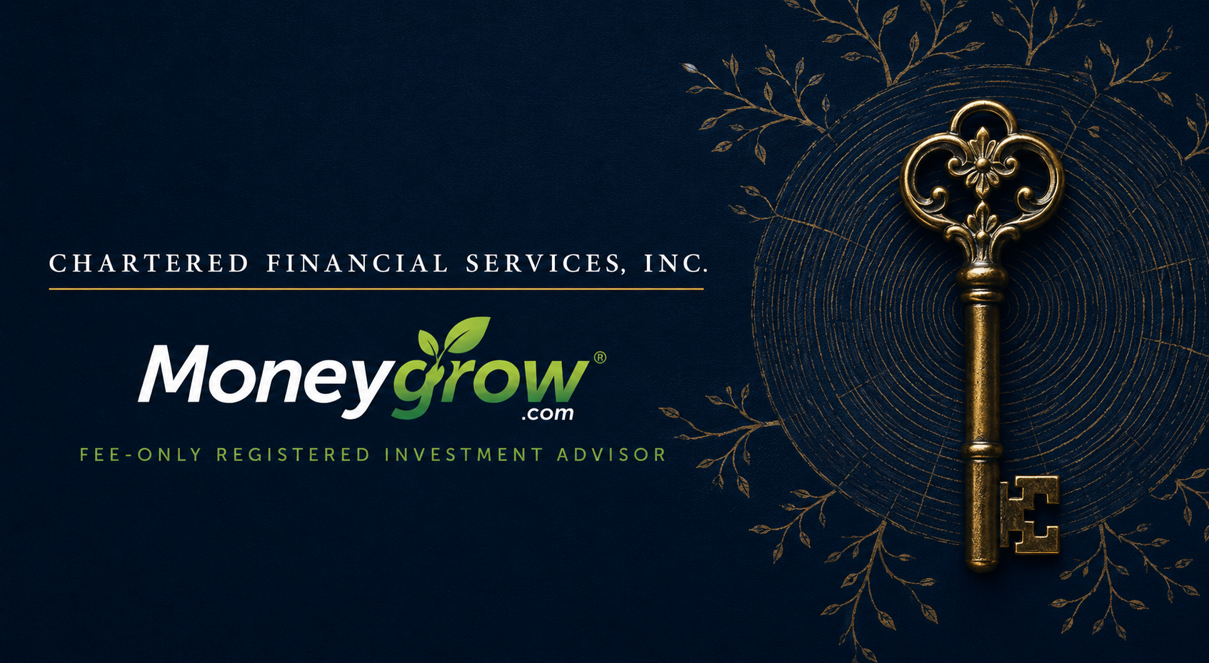 MoneyGrow® branding with an heirloom brass key, tree rings, and branches representing trust, estate, and legacy guidance.
