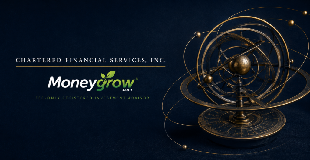 MoneyGrow® branding beside a brass orrery with interconnected rings representing coordinated wealth management and investment oversight.
