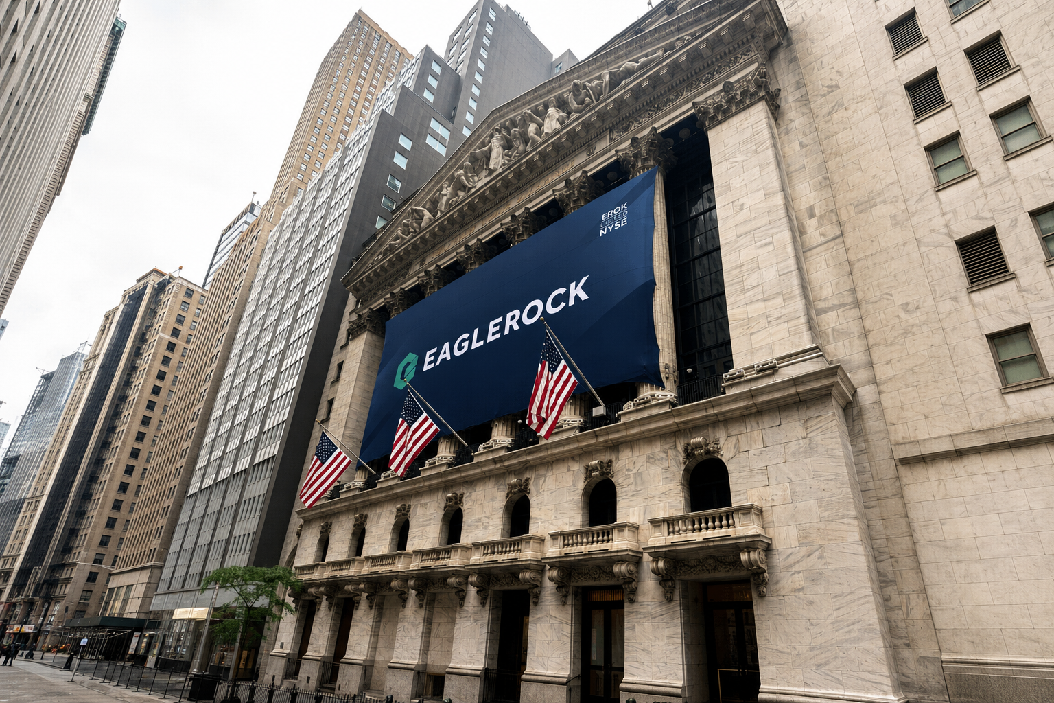 New York Stock Exchange façade on Wall Street displaying the Eagle Rock banner and American flags.