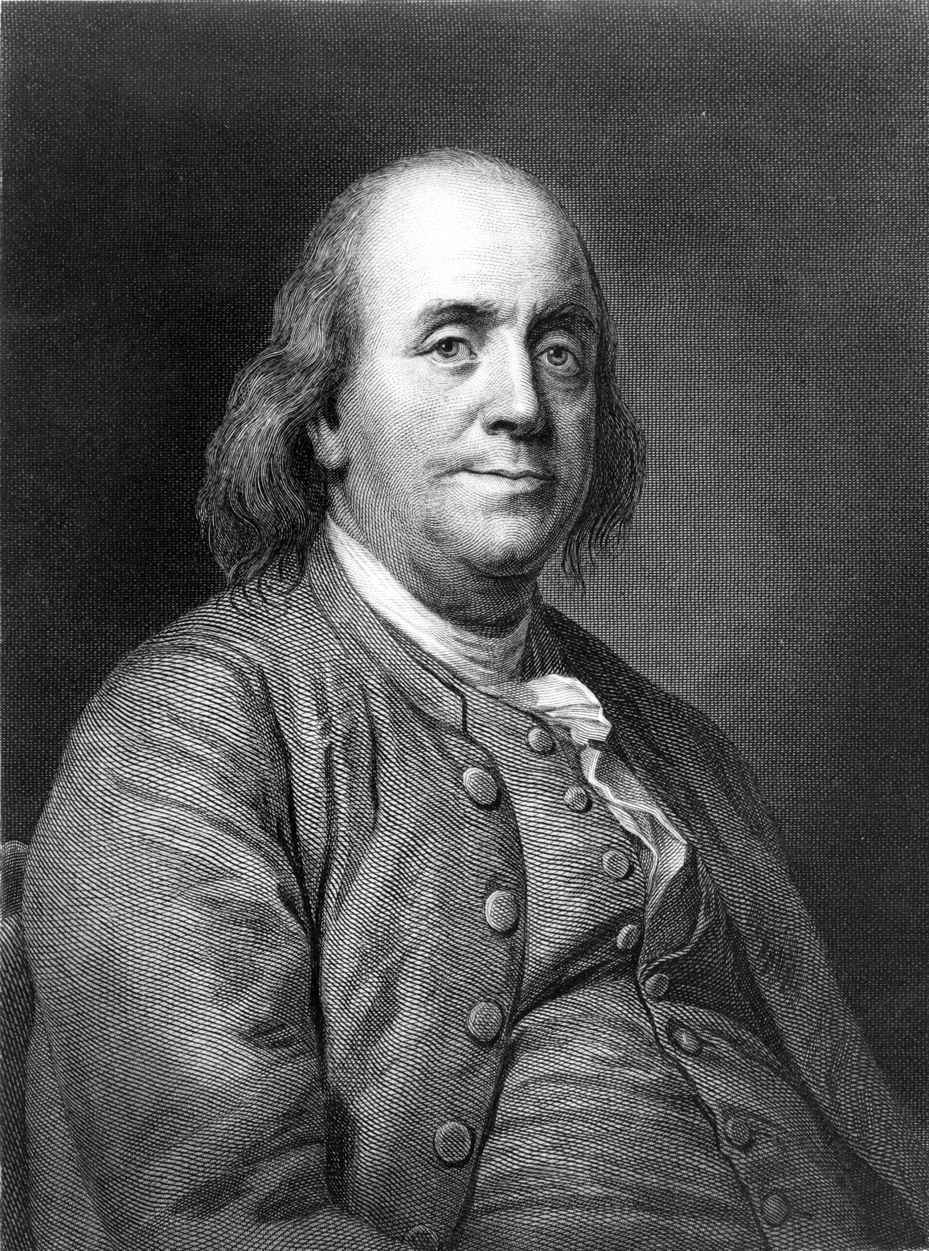 Engraved portrait of Benjamin Franklin.