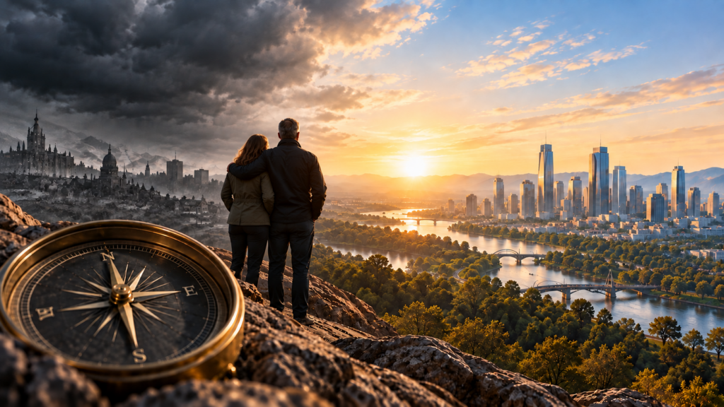 A man and woman with a compass looks from a storm-darkened historic city toward a sunlit modern city, symbolizing economic change and a changing investment landscape.