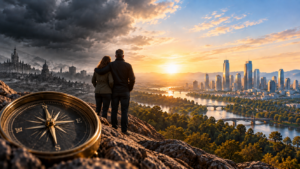 A man and woman with a compass looks from a storm-darkened historic city toward a sunlit modern city, symbolizing economic change and a changing investment landscape.