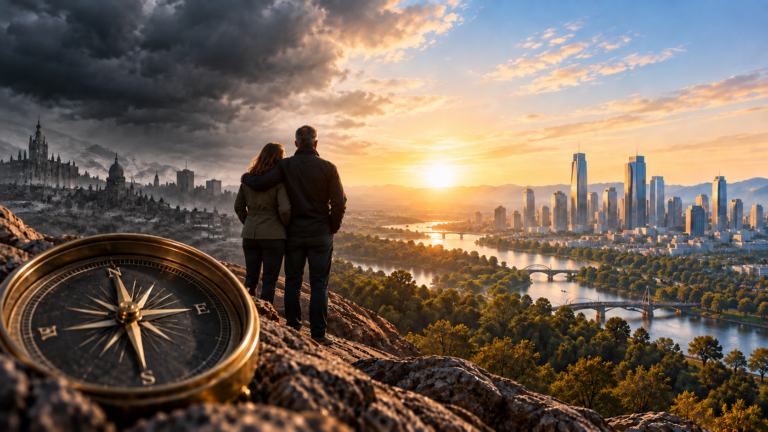 A man and woman with a compass looks from a storm-darkened historic city toward a sunlit modern city, symbolizing economic change and a changing investment landscape.