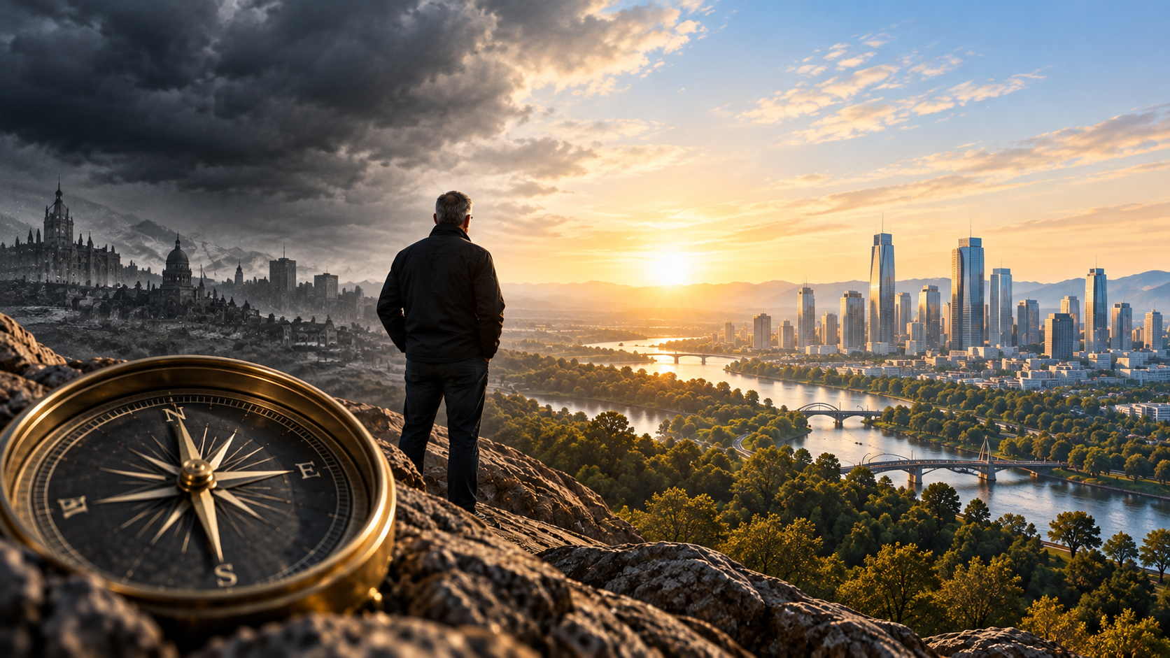 A man with a compass looks from a storm-darkened historic city toward a sunlit modern city, symbolizing economic change and a changing investment landscape.