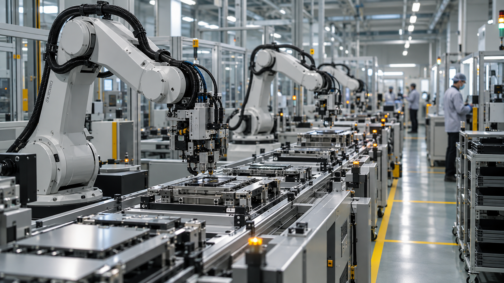 Robotic arms operating on an automated precision manufacturing line.