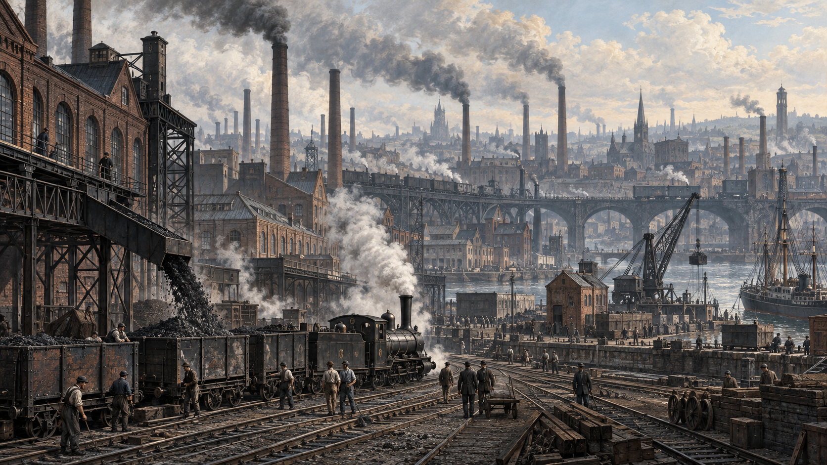 Nineteenth-century rail lines, factories and workers in an industrial cityscape.